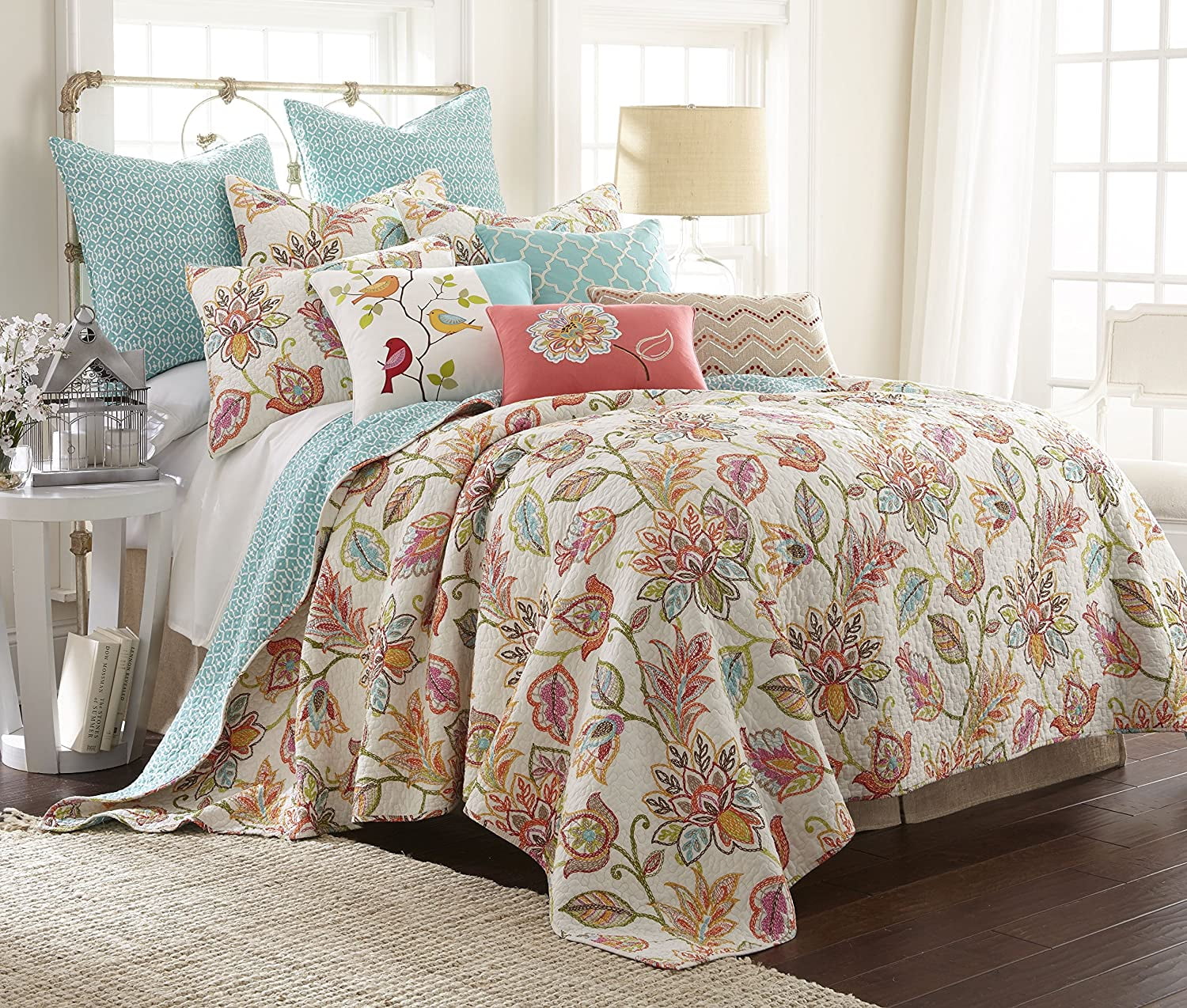Levtex Home - Sophia Quilt Set - Full/Queen Quilt (88x92in.) + Two Standard Pillow Shams (26x20in.) - Floral - Orange, Yellow, Red, Green, Teal, and White - Reversible - Cotton Fabric