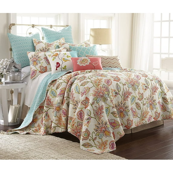 Levtex Home - Sophia Quilt Set - King Quilt (106x92in.) + Two King Pillow Shams (36x20in. ) - Floral - Orange, Yellow, Red, Green, Teal, and White -Reversible - Cotton Fabric