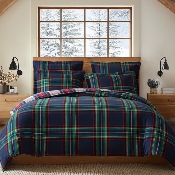 Levtex Home - Spencer Plaid Navy - Full/Queen Duvet Set (90x94in.) + Two Shams (20x26in.)- Plaid - Red Green White - Reversible - Cotton