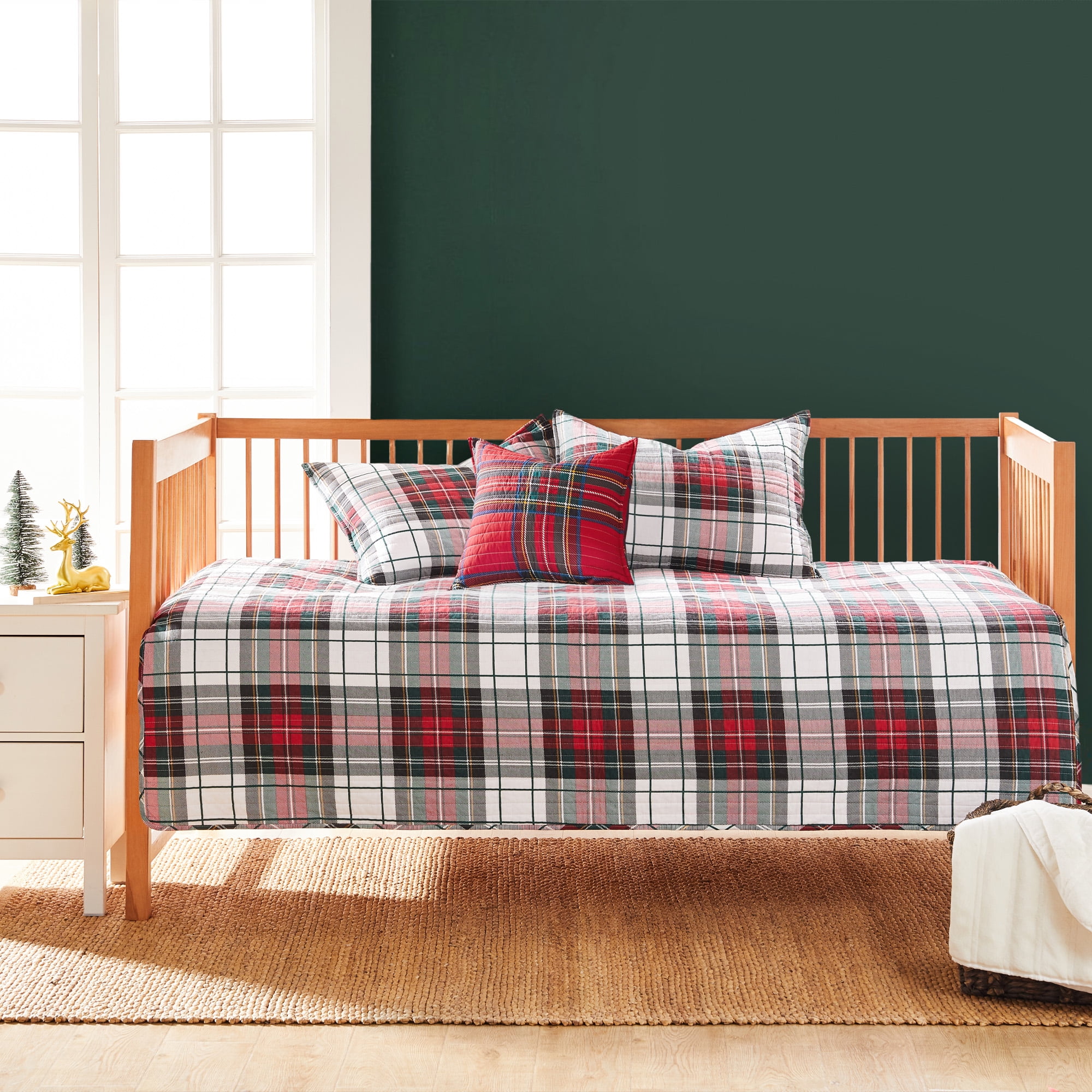 Red and White Plaid Twin Microfiber Reversible Quilt Set
