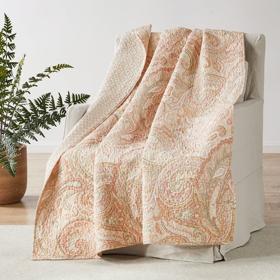 Levtex Home - Spruce Coral - Quilted Throw - (50 x 60") - Paisley - Coral and Tan - Reversible Pattern - Cotton Fabric