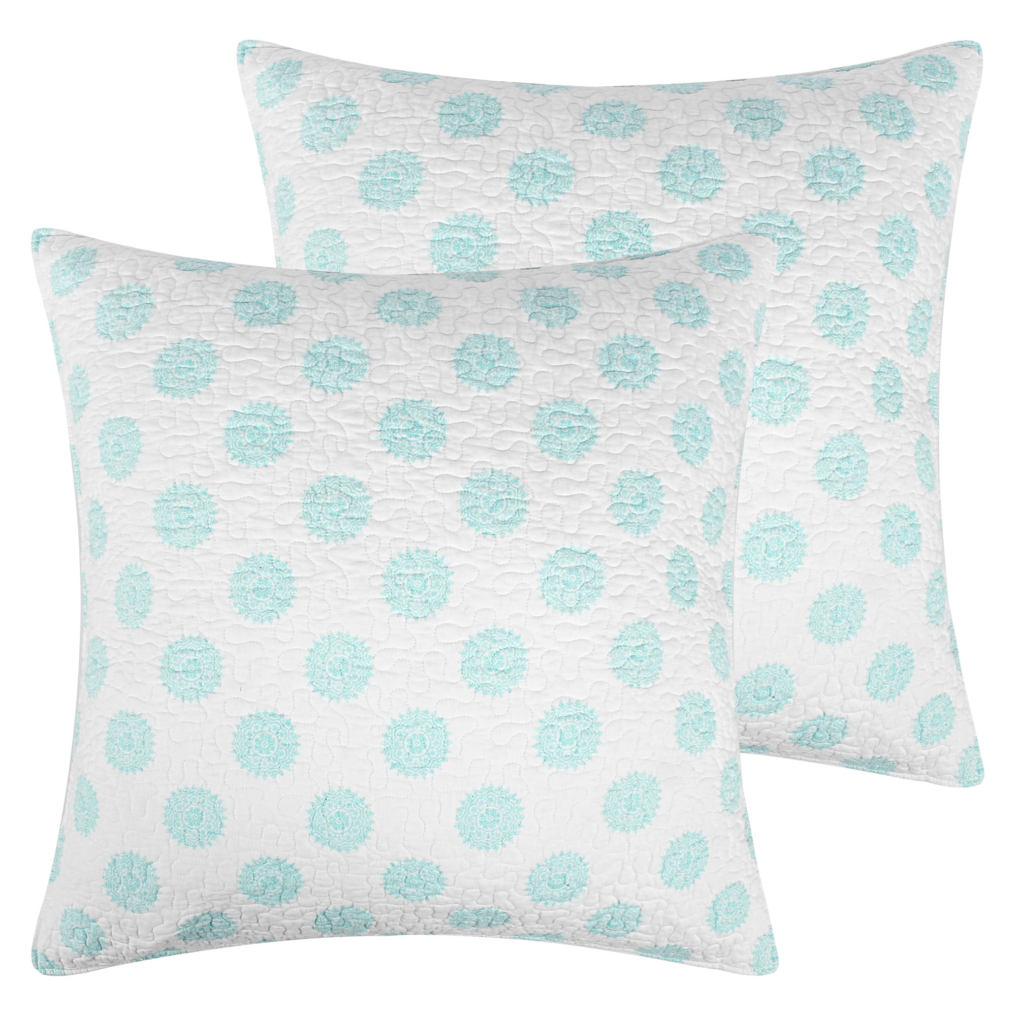 Teal and White Cotton Quilted Euro Shams Set