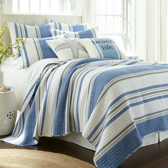 Levtex Home - St Bart Quilt Set - Full/Queen Quilt + Two Standard Pillow Shams - Nautical - Blue, Grey, and White - Quilt Size (88x92in.) and Pillow Sham Size (26x20in.) - Reversible - Cotton Fabric