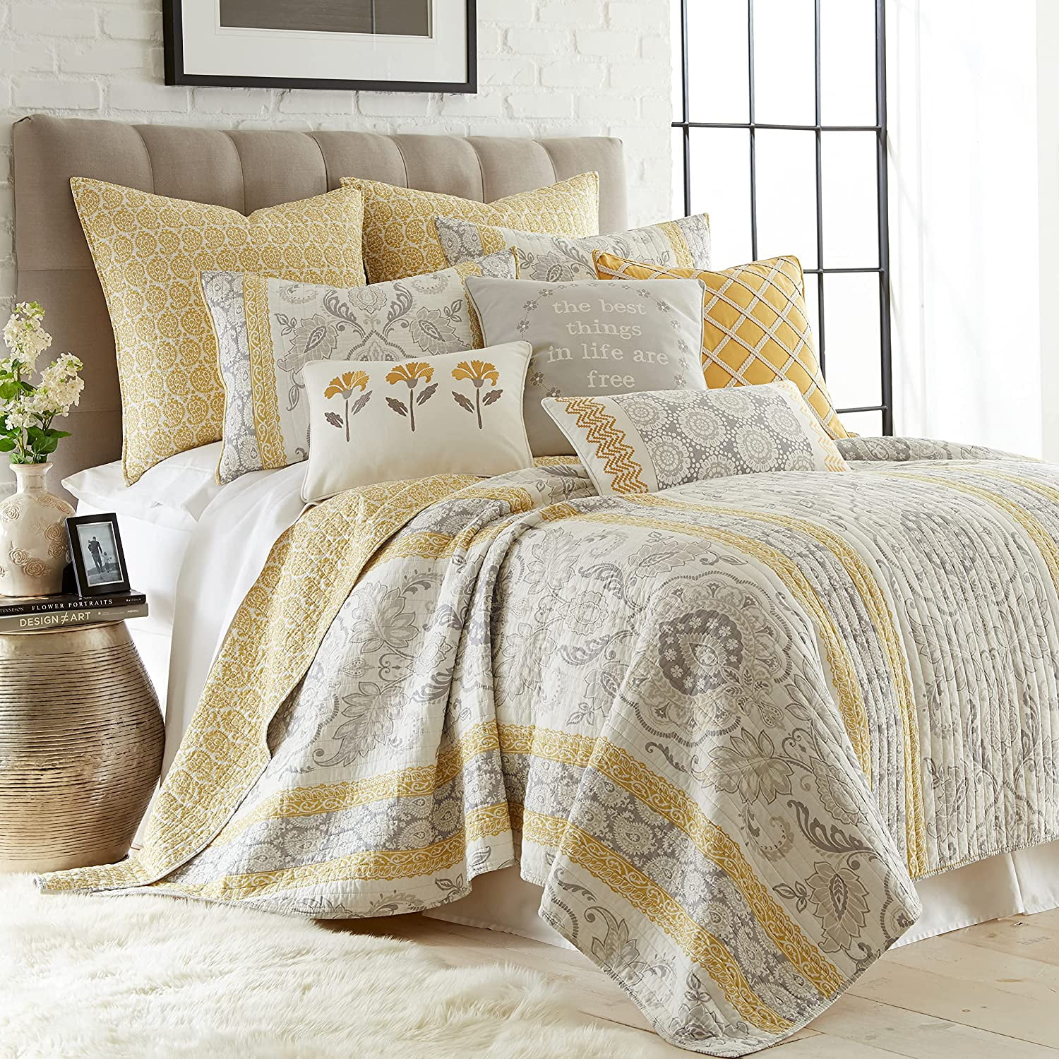 Levtex Home - St. Claire Quilt Set - King Quilt (106x92in.) + Two King Pillow Shams (36x20in. ) - Suzani and Paisleys - Grey and Yellow - Reversible