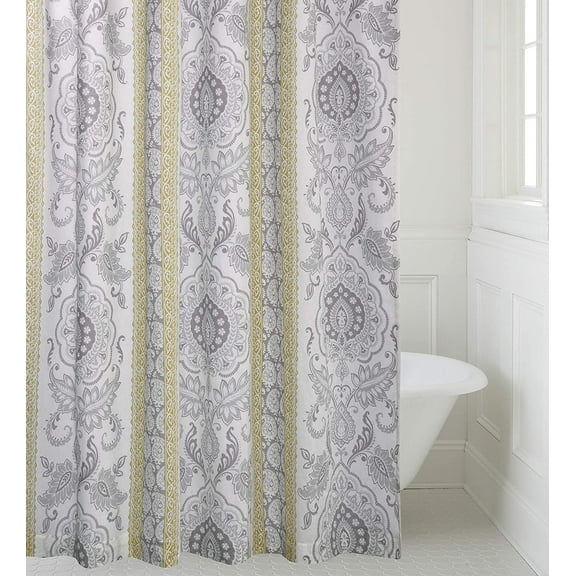 Levtex Home - St. Claire - Shower Curtain (72x72in.) with Button Holes - Suzani and Paisleys - Grey and Yellow