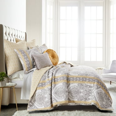 Levtex Home - St. Ives Quilt Set - Full/Queen Quilt + Two Standard Pillow Shams - Damask and Paisleys - Grey and Yellow - Quilt Size (88x92in.) and Pillow Sham Size (26x20in.) - Reversible