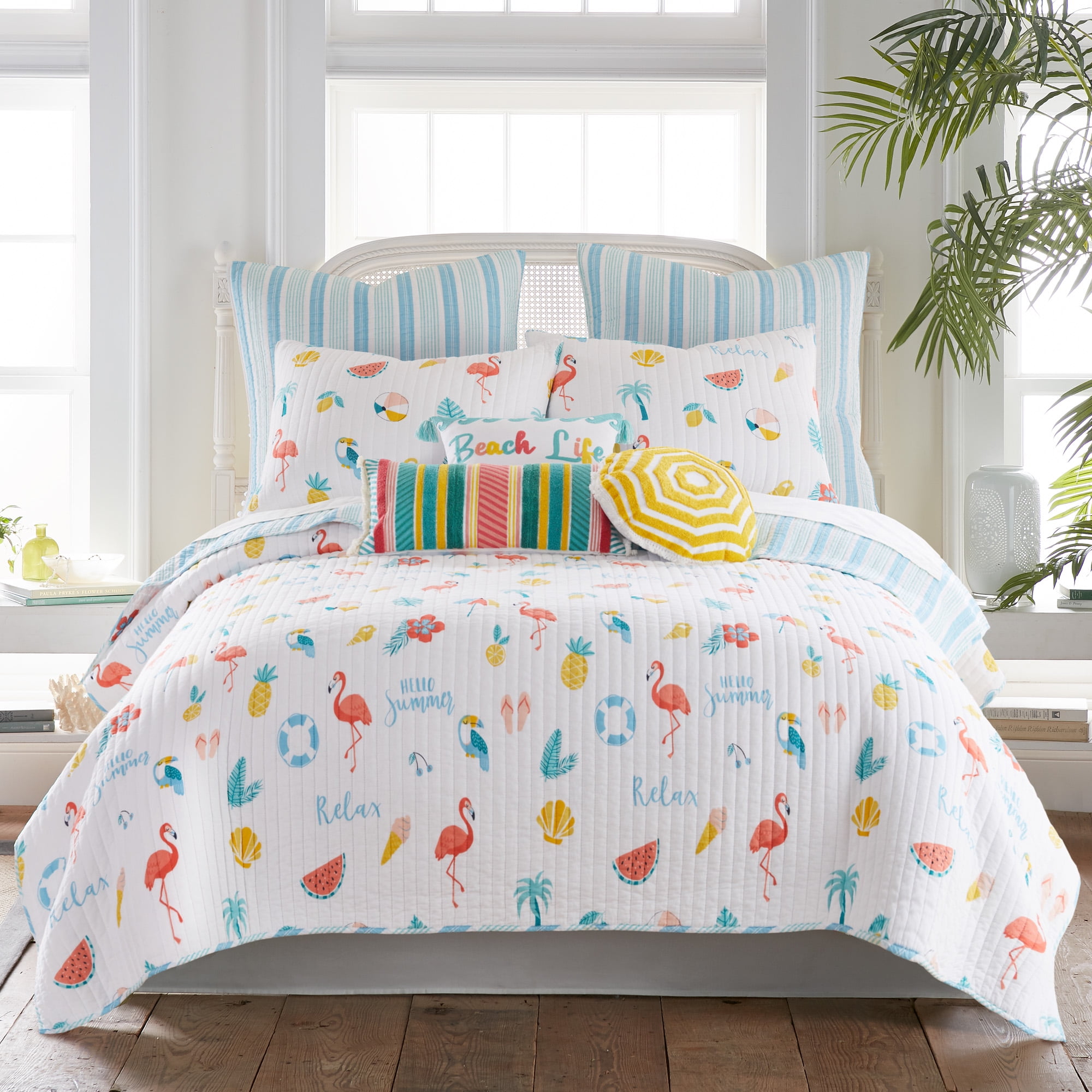 Levtex Home - Summertime Quilt Set - King Quilt and Two King Shams - Coastal Beach - Teal, Coral, Yellow, Blue and White - Quilt (106x92in.) and Shams (20x36in.) - Reversible - Cotton