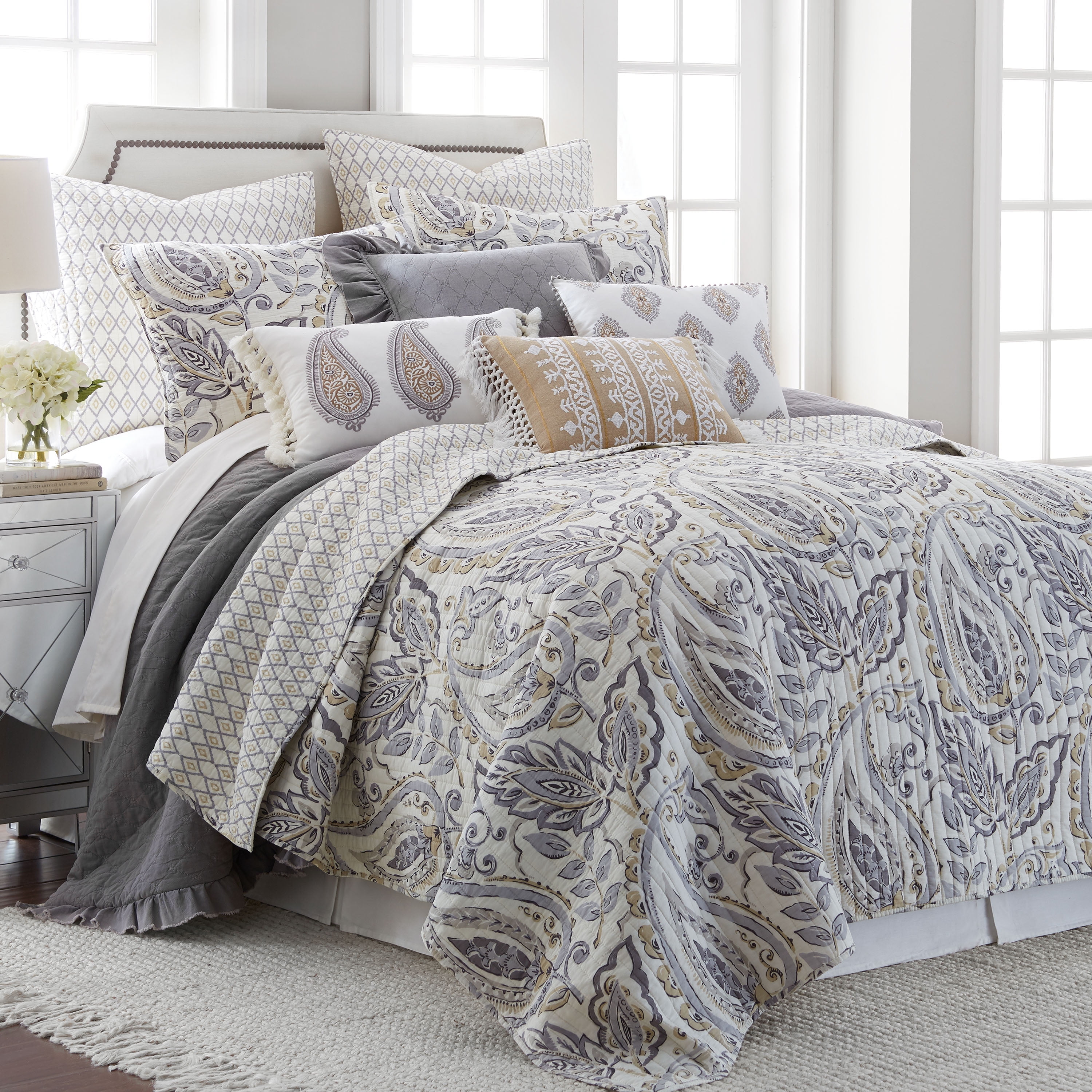 Levtex Home - Tamsin Grey Quilt Set - King Quilt + Two King Pillow Shams - Modern Paisley - Grey Taupe Off-White - Quilt Size (106x92in.) and Pillow Sham Size (36x20in. ) - Reversible - Cotton