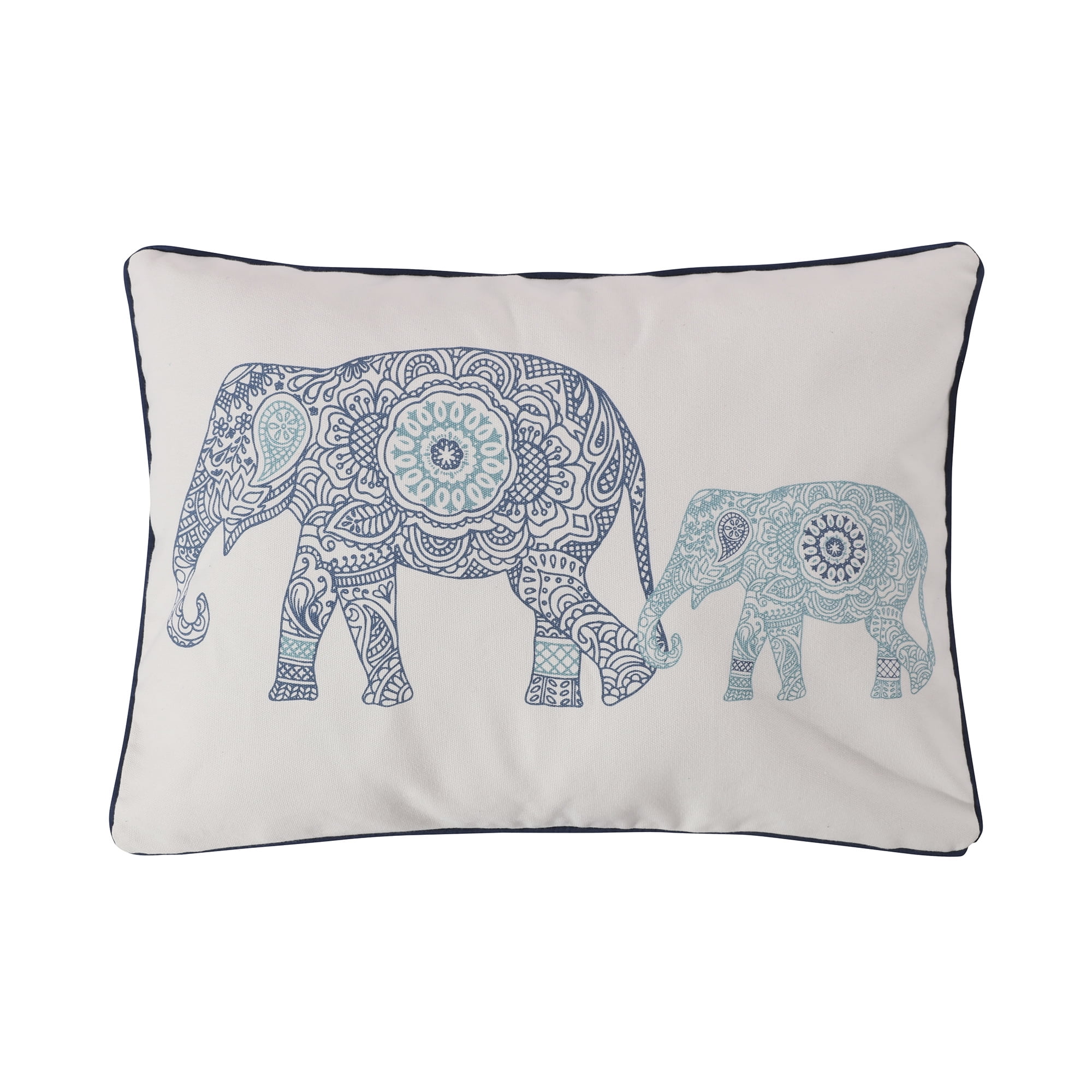White and Blue Cotton Elephant Pattern Rectangular Throw Pillow
