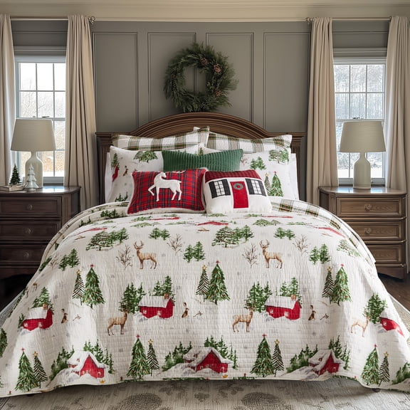 Levtex Home - Tatum Pines Bedspread Set - Twin Bedspread and One Standard Sham - Christmas Cabin - Red, Green, Brown and White - Bedspread (80x106in.) and Sham (20x26in.) - Cotton