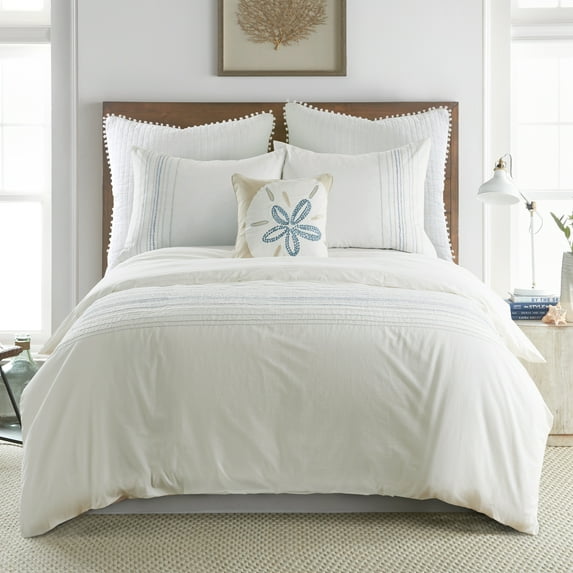 Levtex Home - Terrington Duvet Cover Set - Full/Queen Duvet Cover + Two Standard Pillow Cases - White, Blue, Grey - Embroidered Lines - Duvet Cover (90 x 94in.) and Pillow Case (26 x 20in.) - Cotton