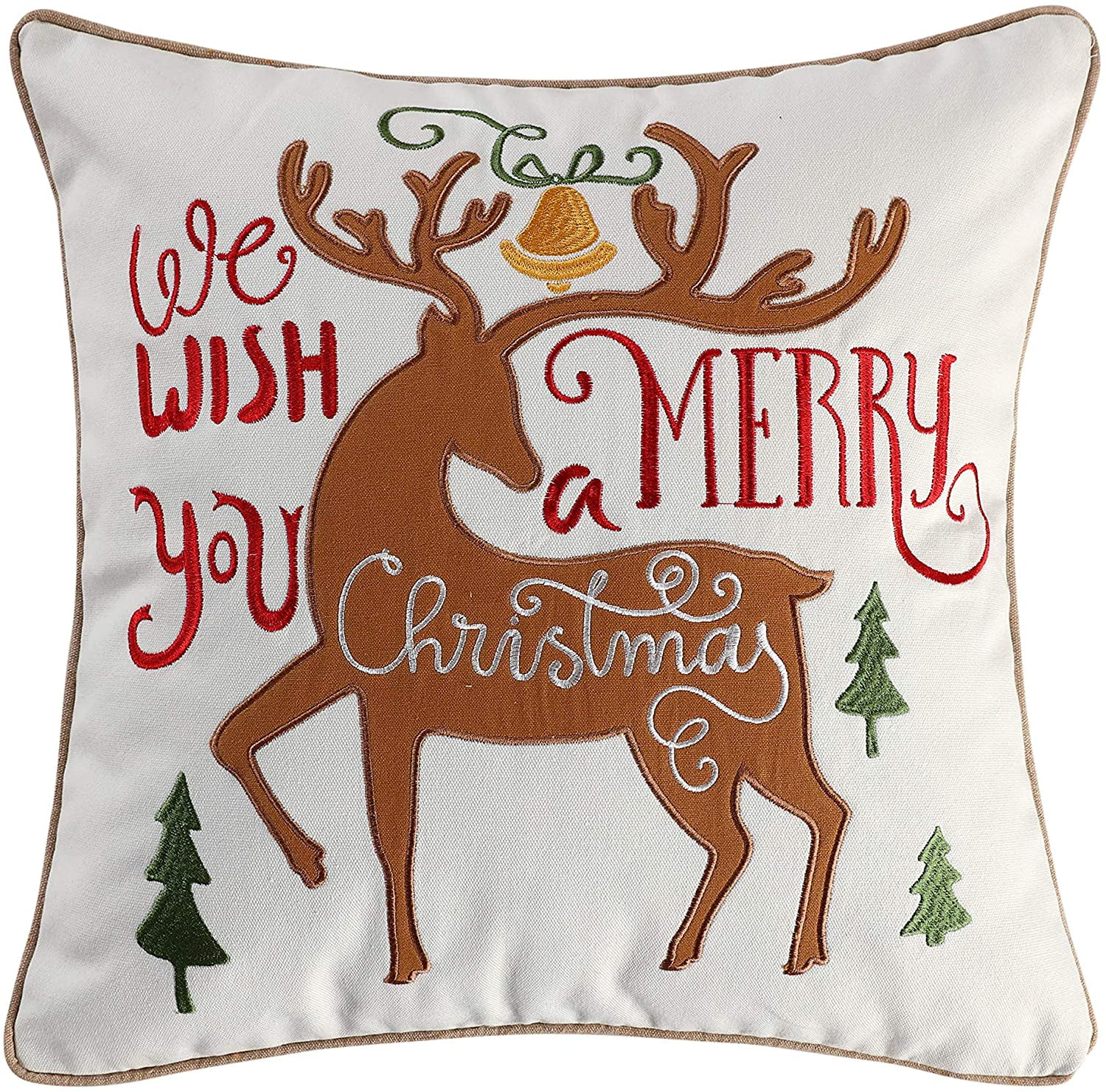 White Embroidered Christmas Reindeer 18'' Square Throw Pillow