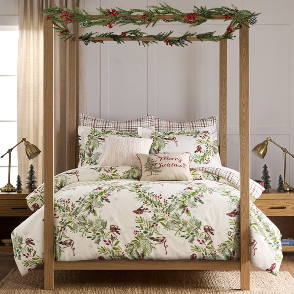 Levtex Home Tinsel Tidings King Comforter Set – 106x94in. Comforter and Two 20x36in. King Shams – Evergreen Wreaths, Birds & Berries - Reversible – Cotton – Soft Polyester Fill