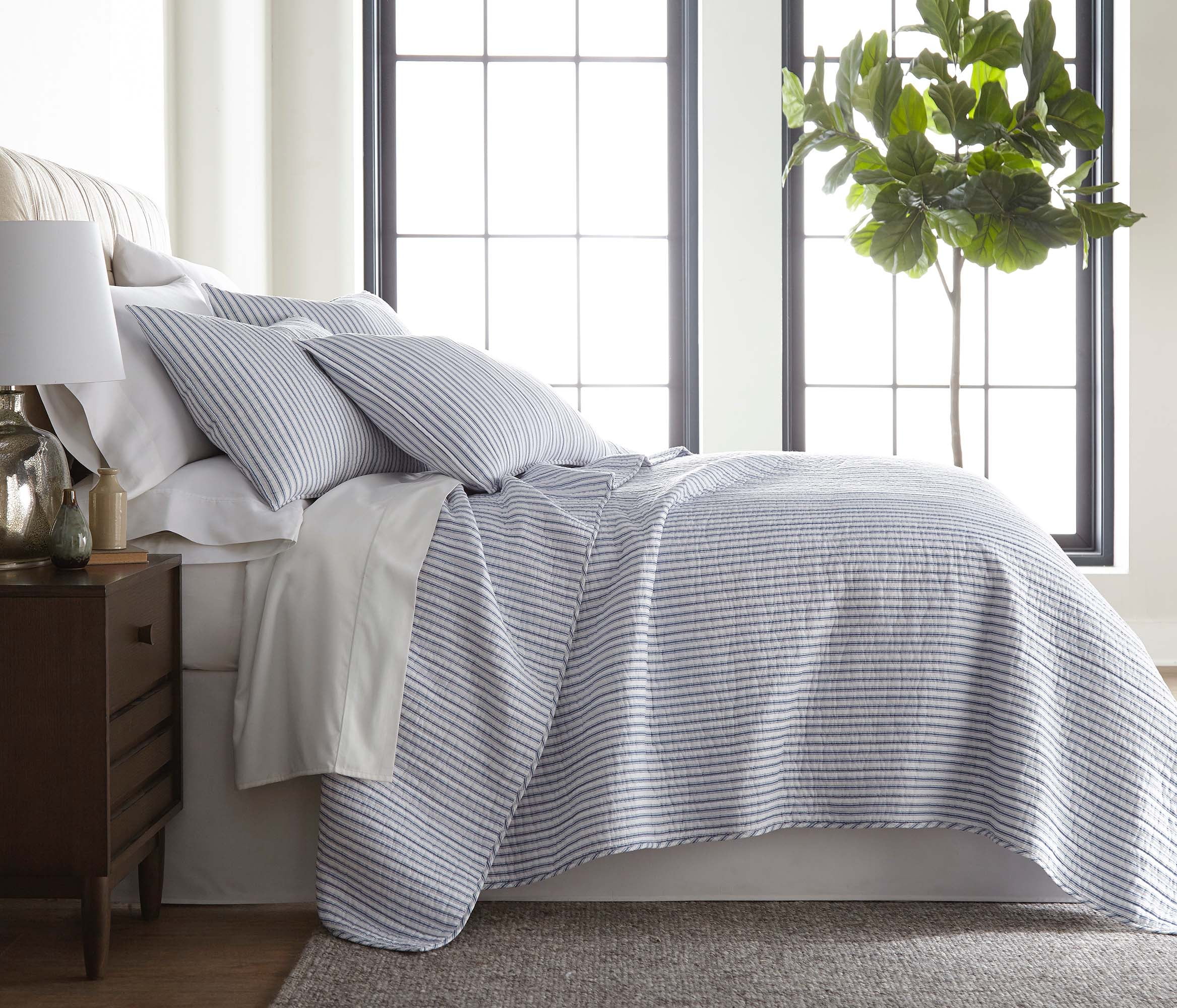 Tobago Stripe Blue Cotton Twin Reversible Quilt Set