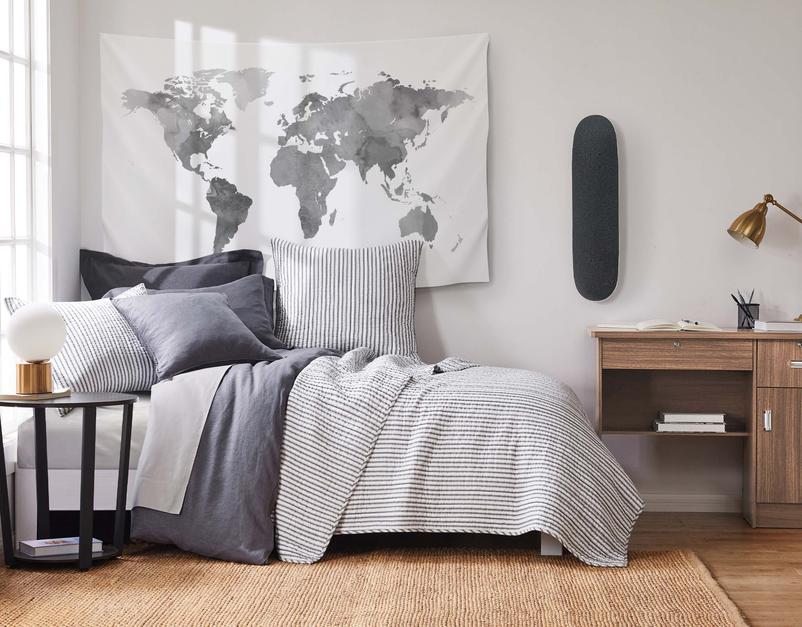 Twin Charcoal Cotton Reversible Stripe Quilt Set