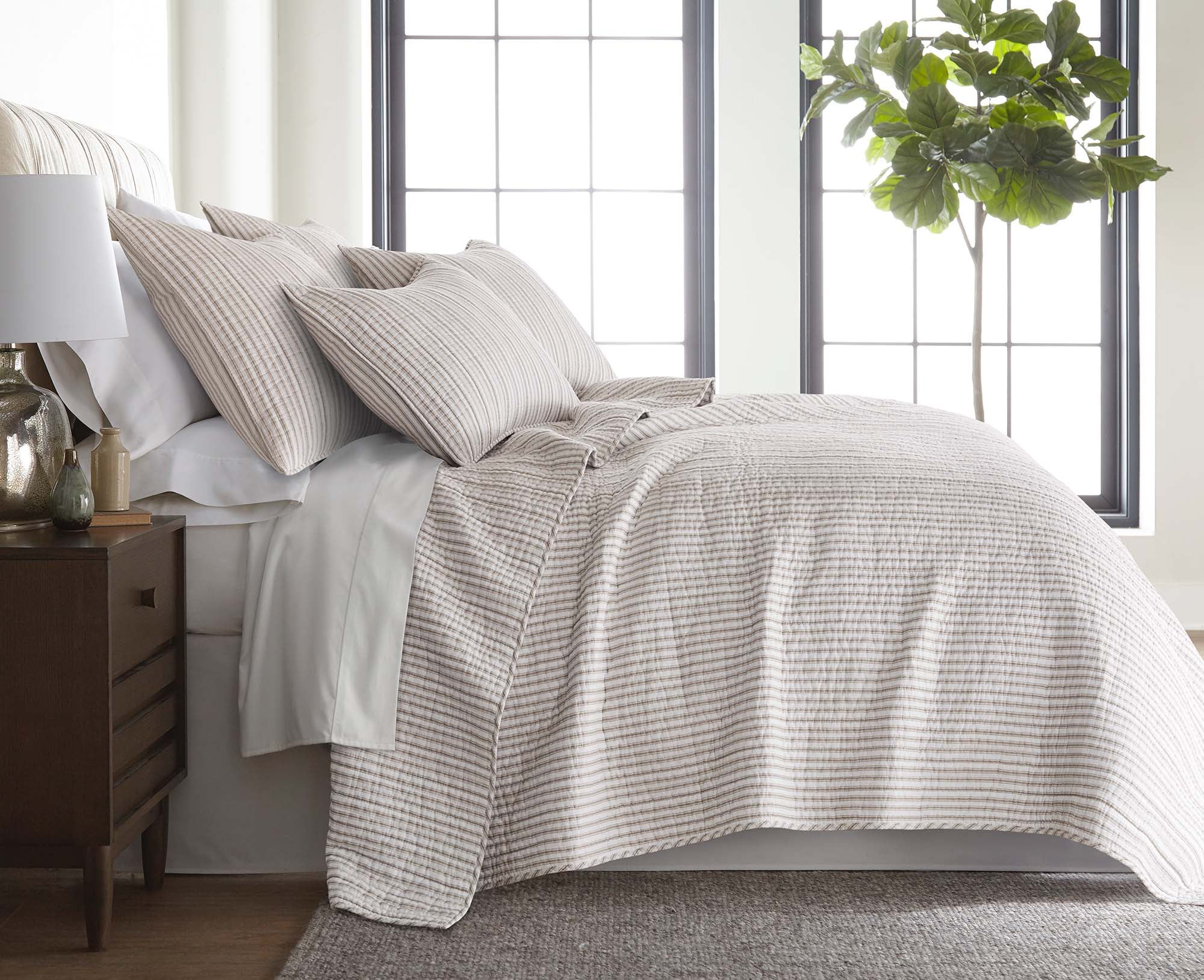 Levtex Home - Tobago Stripe Taupe Quilt Set - King Quilt + Two King Pillow Shams - White, Taupe - Quilt Size (106x92in.) and Pillow Sham Size (36x20in. ) - Reversible - Cotton Fabric