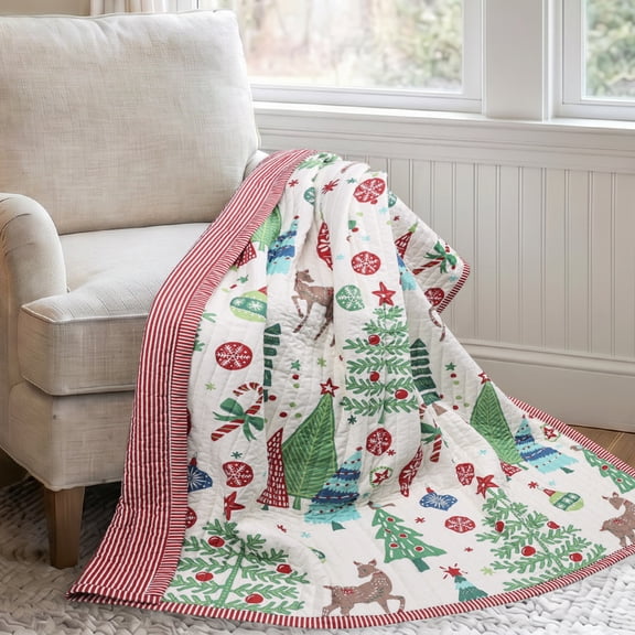 Levtex Home - Tree Festival Quilted Throw - 50x60in - Christmas Trees, Reindeer & Holiday Motifs - Red, Green, Teal & Ivory - Reversible - Polyester with Cotton-Rich Fill