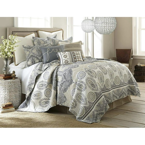 Levtex Home - Trevino Quilt Set - Full/Queen Quilt (88x92in.) + Two Standard Pillow Shams (20x26in.) - Paisley - Tan, Grey, Black, and White - Reversible - Cotton Fabric