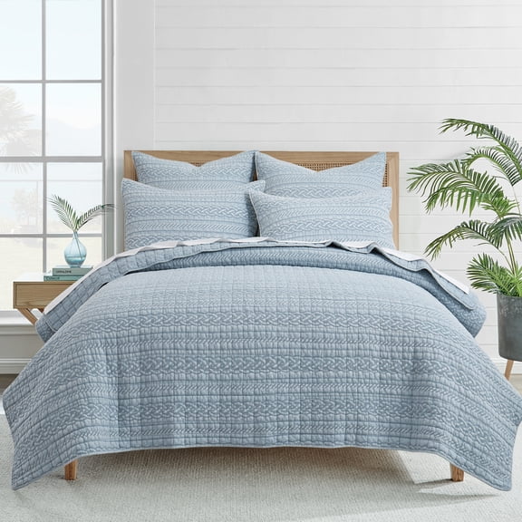 Levtex Home - Trintton Quilt Set - King/Cal King Quilt (106x92in.) and 2 King Shams (20x36in.) - Artisan Woven-Inspired Bands - Blue - Reversible - Cotton