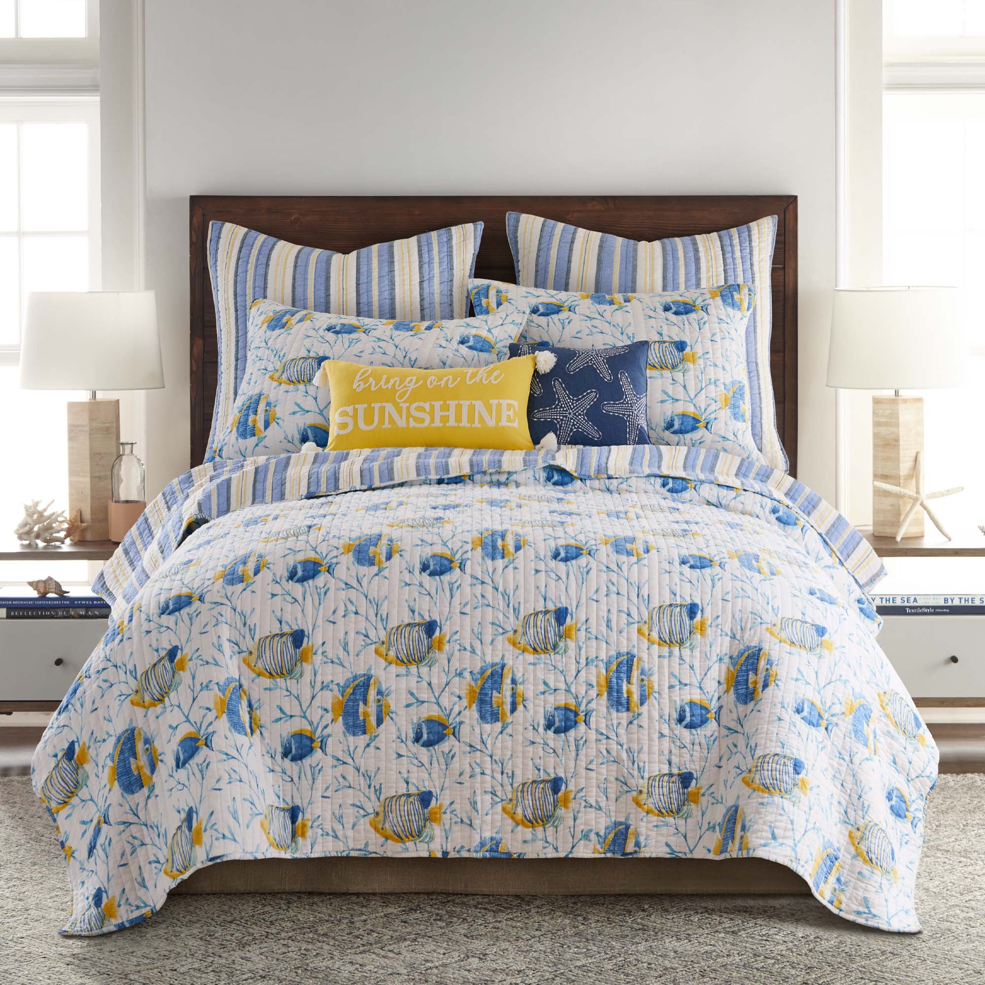 Full Blue Cotton Reversible Nautical Quilt Set