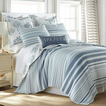 Levtex Home - Truro Quilt Set - Full/Queen Quilt + Two Standard Pillow Shams - Stripe in Shades of Blue - Quilt Size (88x92in.) and Pillow Sham Size (26x20in.) - Reversible - Cotton