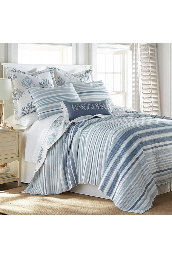 - Truro Quilt Set - Full/Queen Quilt + Two Standard Pillow Shams - Stripe in Shades of Blue - Quilt Size (88x92in.) and Pillow Sham Size (26x20in.) - Reversible - Cotton