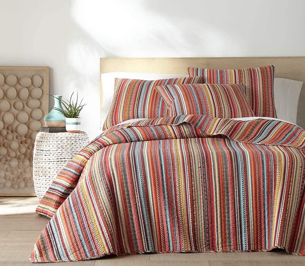 Levtex Home - Uluru Quilt Set - Twin Quilt + Two Standard Pillow Shams - Boho Stripe - Orange Teal Red Green Yellow Black White - Quilt (68x86in.) and Pillow Sham (26x20in.) - Cotton