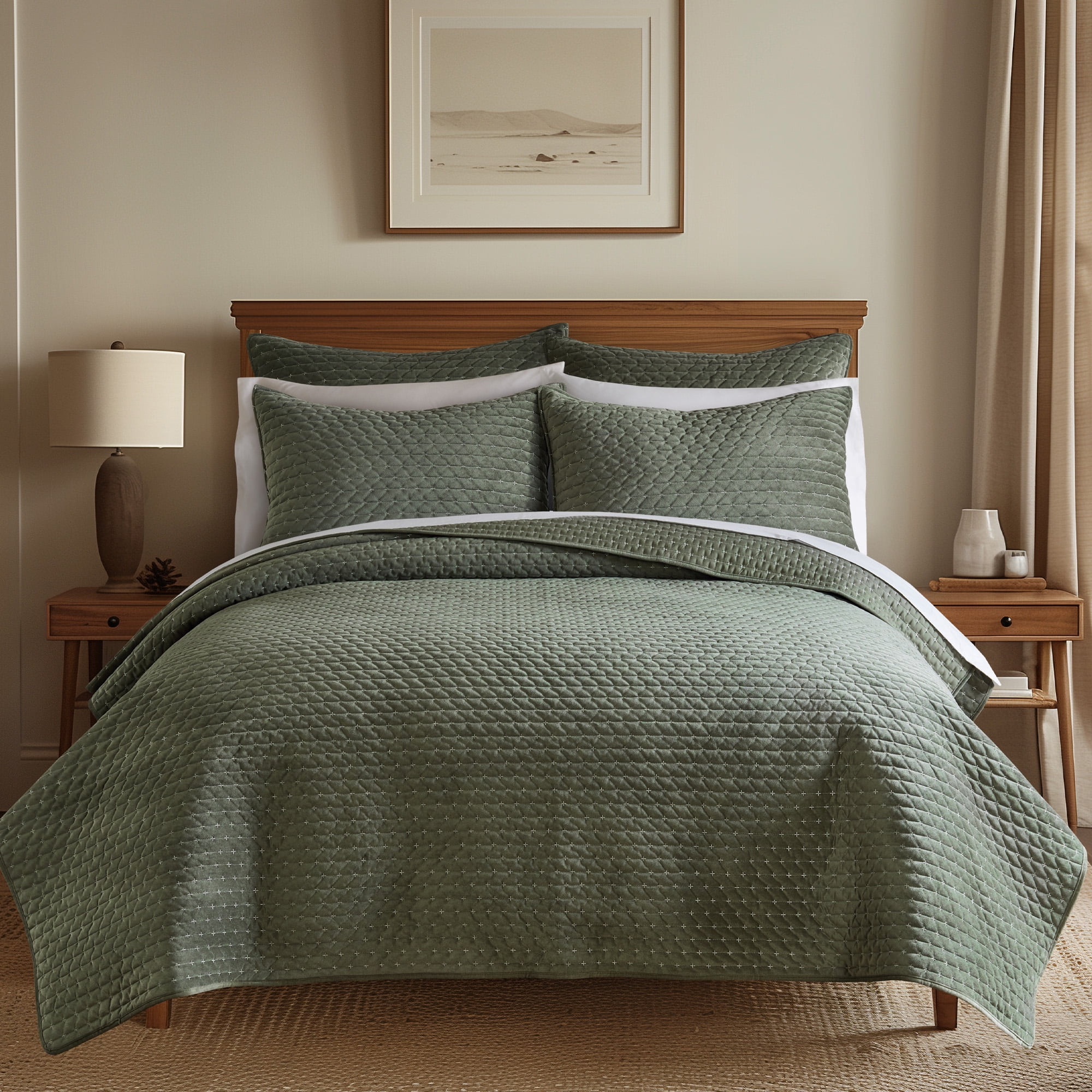 Levtex Home - Velvet Stitch Quilt Set - King Quilt and Two King Shams - Cross Stitch Velvet - Green with White - Quilt (106x92in.) and Shams (20x36in.) - Reversible - Polyester