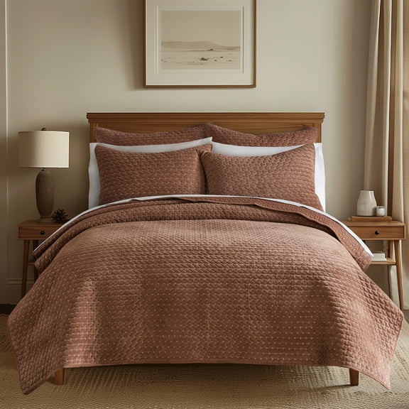 Levtex Home - Velvet Stitch Quilt Set - King Quilt and Two King Shams - Cross Stitch Velvet - Rust with White - Quilt (106x92in.) and Shams (20x36in.) - Reversible - Polyester