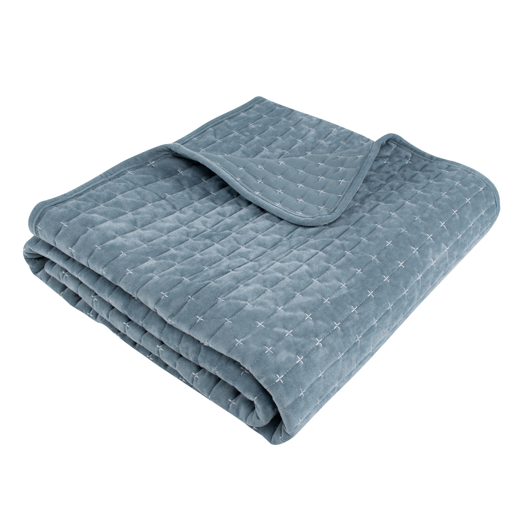 Levtex Home - Velvet Stitch - Throw - Cross Stitch Velvet - Chambray with White - Quilt (50x60in.) and Sham 50x60in. - Polyester