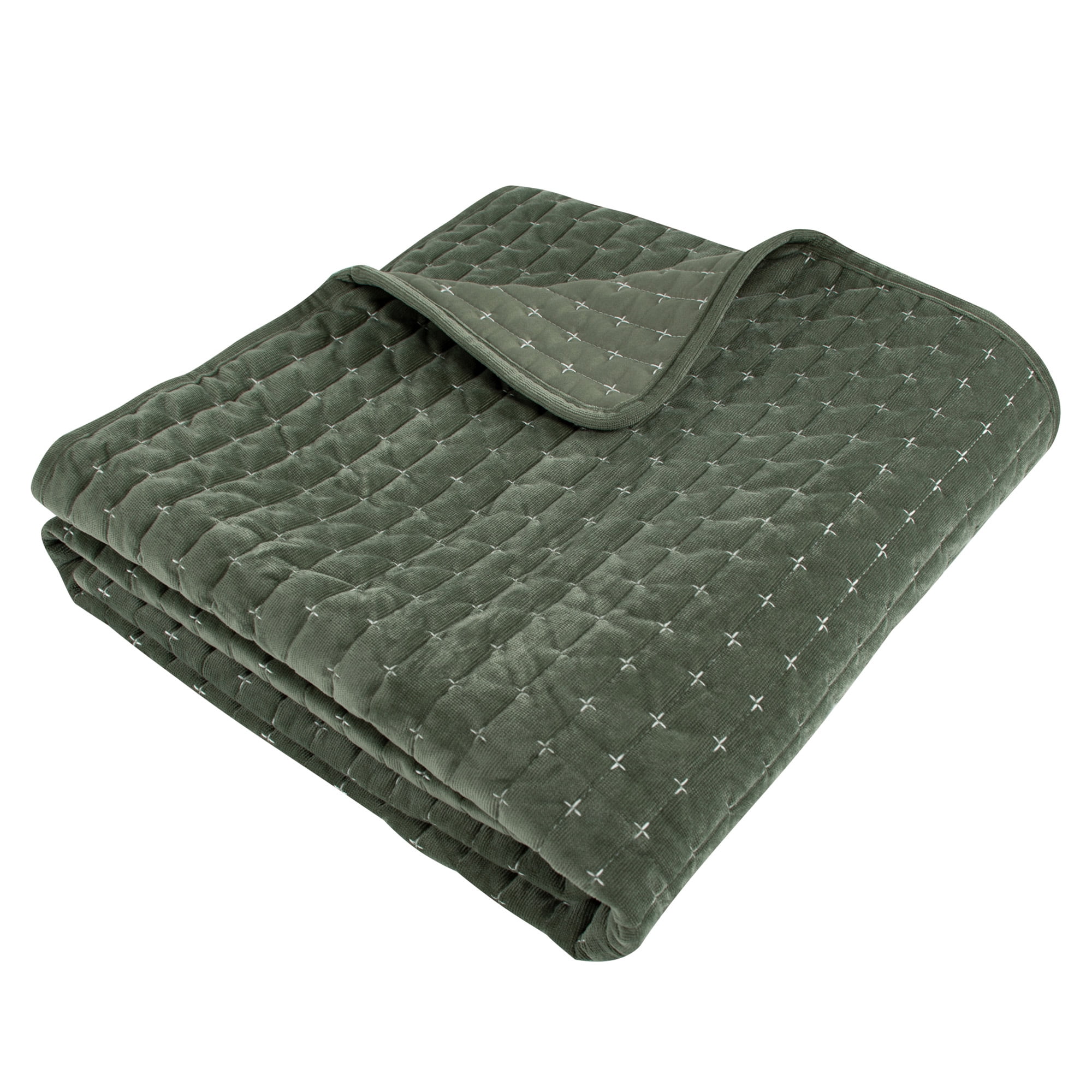 Levtex Home - Velvet Stitch - Throw - Cross Stitch Velvet - Green with White - Quilt (50x60in.) and Sham 50x60in. - Polyester
