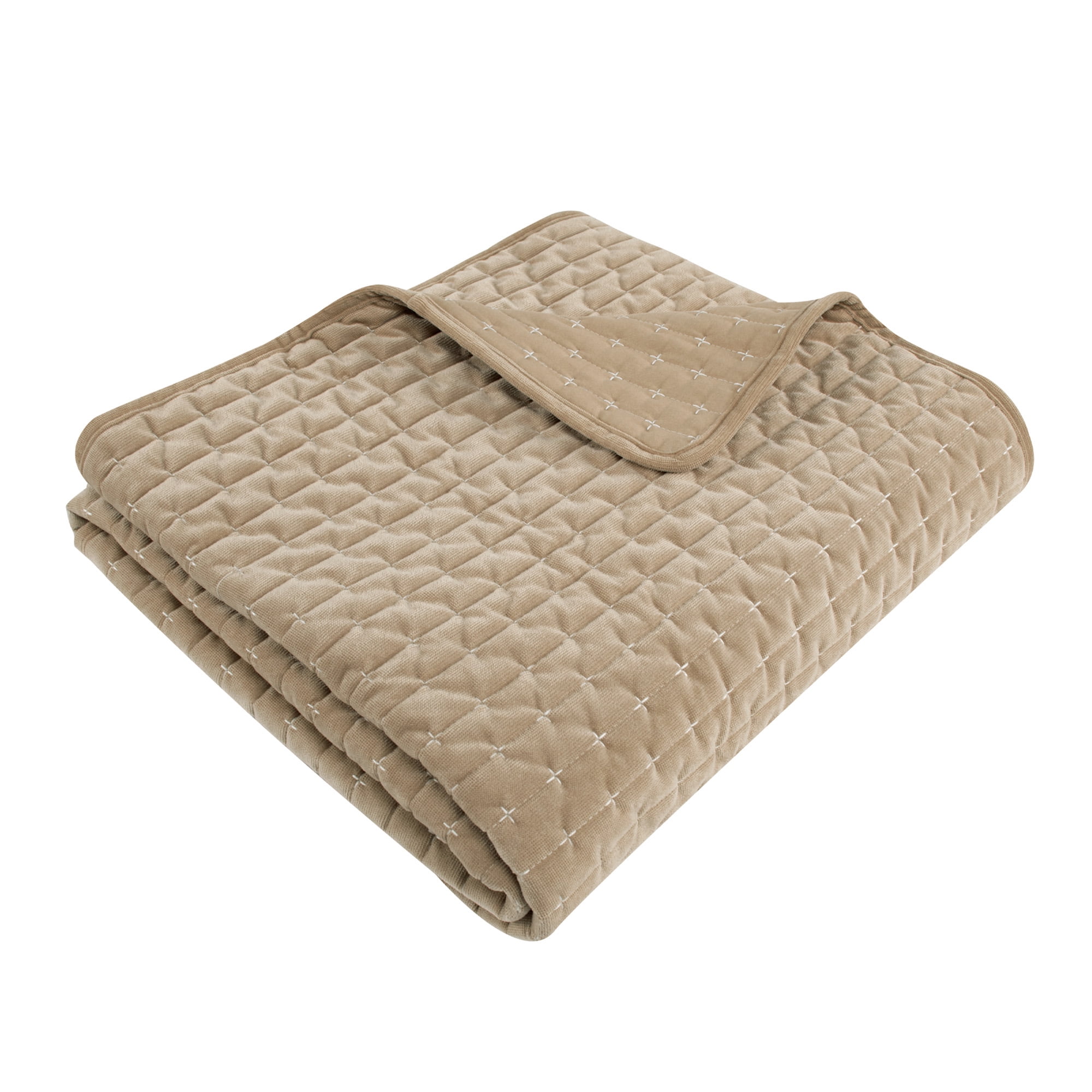 Levtex Home - Velvet Stitch - Throw - Cross Stitch Velvet - Taupe with White - Quilt (50x60in.) and Sham 50x60in. - Polyester