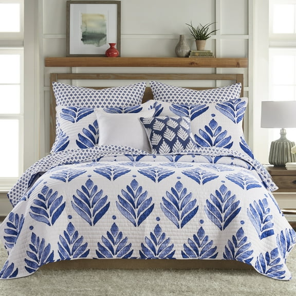Levtex Home - Vintage Blossom Quilt Set - Full/Queen Quilt and Two Standard Shams - Blue Fan Design - Blue and White - Quilt (88x92in.) and Shams (20x26in.) - Reversible - Cotton/Cotton