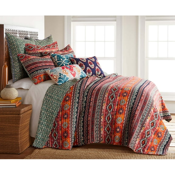Levtex Home - Vista Quilt Set - Full/Queen Quilt + Two Standard Pillow Shams - Tribal Rug - Orange, Green, Red, Black - Quilt (88x92in.) and Pillow Shams (26x20in.) - Reversible - Rayon and Cotton