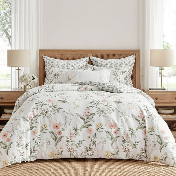 Levtex Home - Viviana Comforter Set - King Comforter   Two King Pillow Cases - Botanical Floral - Coral, Green, Yellow, Cream - Comforter (106 x 94in.) and Pillow Case (36 x 20in. ) - Cotton