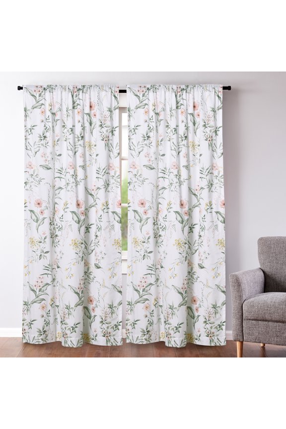 - Viviana - Drape Panel/Curtain (55x84in.) Set of 2 with Rod Pocket - Botanical Floral - Coral, Green, Yellow, Cream - Floral - Cotton Fabric