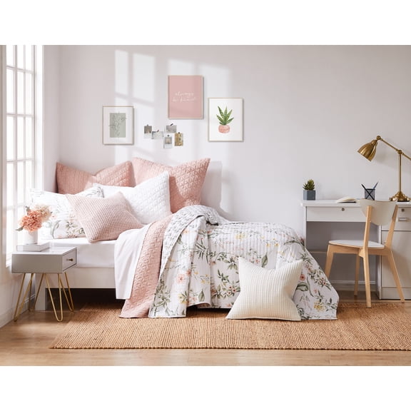 Levtex Home - Viviana Quilt Set - Twin Quilt + Two Standard Pillow Shams - Botanical Floral - Coral, Green, Yellow, Cream - Quilt (68x86in.) and Pillow Sham (26x20in.) - Reversible - Cotton