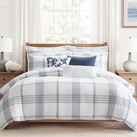 Levtex Home - Waffle Plaid Navy Comforter Set - King/Cal King Comforter (106x92in) and 2 King Shams (20x36in) - Plaid Waffle - Navy/White - Reversible - Cotton