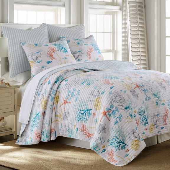 Levtex Home - Whimsical Sea Quilt Set - King Quilt and Two King Shams - Coastal - Blue Teal Yellow Orange Grey White - Quilt (106x92in.) and Shams (20x36in.) - Reversible - Cotton