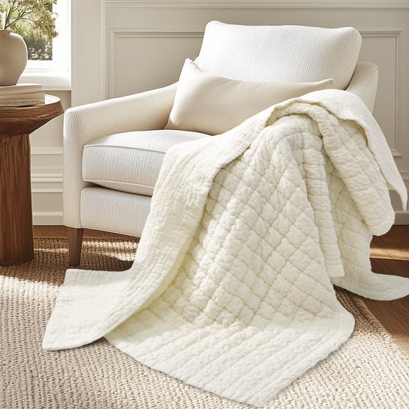 Levtex Home - Whisper Cream Quilted Throw - 50x60in. - Textured Grid - Reversible - Cotton