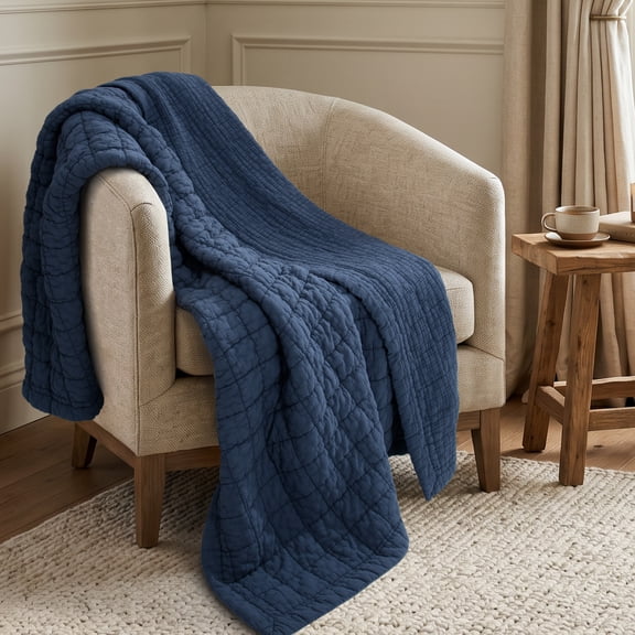 Levtex Home - Whisper Navy Quilted Throw - 50x60in. - Textured Grid - Navy - Reversible - Cotton