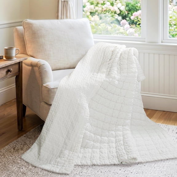 Levtex Home - Whisper White Quilted Throw - 50x60in. - Textured Grid - White - Reversible - Cotton