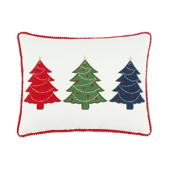Levtex Home - White Pines - Decorative Pillow (14x18in.) - Embroidered and Appliqued - Christmas Trees - Red, Green, Navy and White