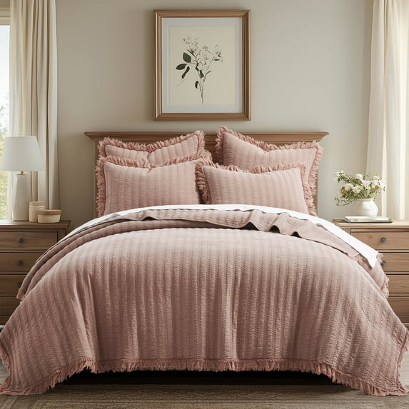 Levtex Home - Wilhemina Quilt Set - King Quilt and Two King Shams - Solid Ruffled - Dusty Rose - Quilt (106x92in.) and Shams (20x36in.) - Reversible - Cotton