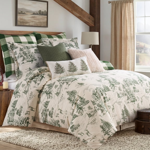 Levtex Home Winter Sleigh Ride Green King Duvet Set – 106x94in. Duvet and Two King Shams – Green Winter Toile with Snowy Barns, Deer, Sleighs and Evergreens – Cotton – Insert not Included
