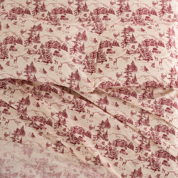 Levtex Home Winter Sleigh Ride Red Twin Sheet Set – Fitted Sheet (39x75+12in.), Flat Sheet (66x96+3) & One Pillowcase (21x30+3) – Toile Winter Village, Deer & Barns – Cream/Cranberry – Soft Polyester