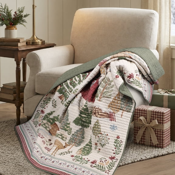 Levtex Home - Winter Wonder Quilted Throw - 50x60in - Christmas Village and Woodland Design - Sage Green, Cranberry, Cream - Reversible - Cotton with Cotton-Rich Fill