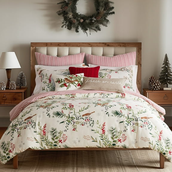 Levtex Home - Winterberry Forest Duvet Cover Set - Twin Duvet Cover (68 x 88in.)+ One Standard Pillow Case (20 x 26in.) - Berry Branches - Green Red Grey and Cream - Cotton