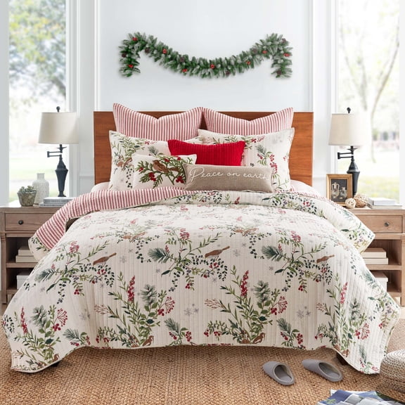Levtex Home - Winterberry Forest Quilt Set - King Quilt and Two King Shams - Green, Red, Grey and Cream - Quilt (106x92in.) and Shams (20x36in.) - Reversible - Cotton/Polyester