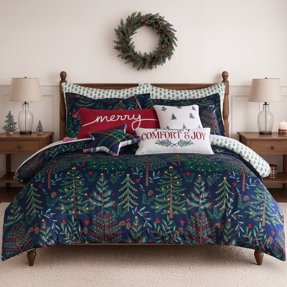 Levtex Home Woodsy Wonder King Comforter Set – 106x94in. Comforter & Two 20x36in. Shams – Holiday Forest Trees, Holly & Pinecones – Navy – Reversible – Printed Velvet
